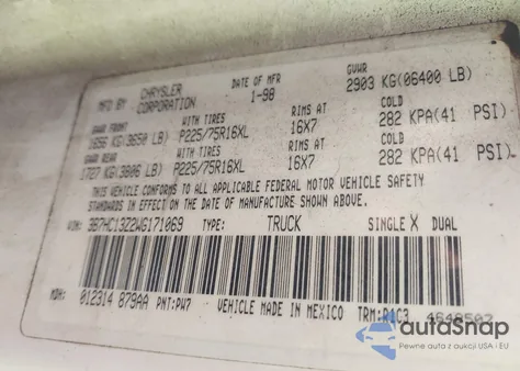 1998 Dodge Ram 1500 St из США, поврежденный, VIN 3B7HC13Z2WG171069